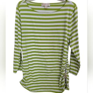 Michael Kors Gold Zipper On Left Side Lime and White Striped Blouse In Size XL